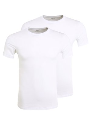 Two plain white short-sleeve t-shirts, featuring a round neckline and a smooth texture, displayed one in front of the other.