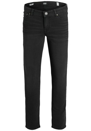 Jean en denim noir avec une coupe droite, cinq poches et une fermeture éclair. Le tissu semble lisse, avec peu ou pas d'usure ou de décoloration.