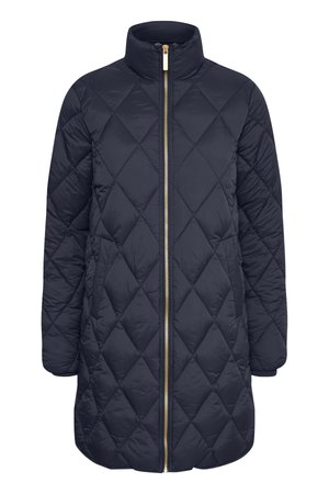 Námořnický prošívaný puffer kabát s vysokým límcem, plným zipem a diamantovým vzorem. Obsahuje zlatý zip a měkkou izolační texturu.