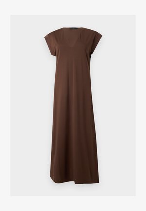 Καφέ αμάνικο maxi φόρεμα με V-λαιμόκοψη και άνετη εφαρμογή, εμφανίζεται σε απλό ανοιχτό φόντο.