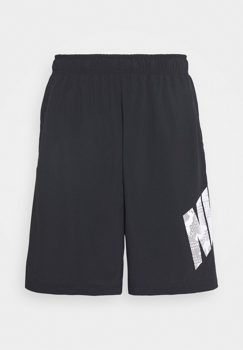 Shorts de sport noirs avec une taille élastique et un grand logo graphique blanc sur la jambe droite.