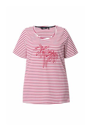 T-shirt a maniche corte a righe in bianco e rosso, con scollo rotondo e una grafica di palme rosse sul davanti.
