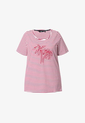 Pruhované tričko s krátkým rukávem v bílé a červené barvě, s kulatým výstřihem a na přední straně s grafikou červených palem.