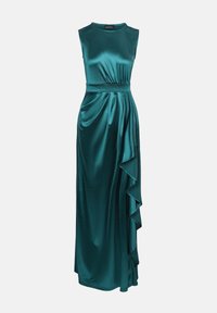 Teal satin maxiklänning med ärmlös design, med en rynkad midja och en kaskad av volanger längs ena sidan.