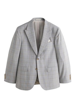 Light gray plaid men's blazer with notch lapels, two buttons, front flap pockets, and a white pocket square on a white background.