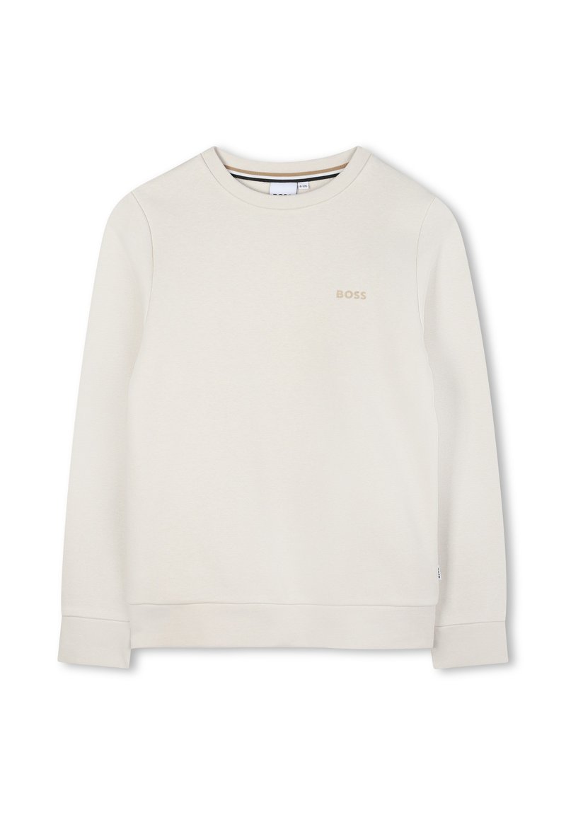 Ανοιχτό καμηλό φούτερ με στρογγυλή λαιμόκοψη και ραβδωτή υφή, με μακριά μανίκια. Διαθέτει ένα μικρό, διακριτικό λογότυπο "BOSS" στο στήθος.