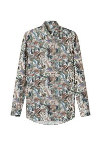 Long-sleeve shirt in lightweight fabric featuring a multicolored floral paisley pattern with shades of brown, green, and blue. Buttoned collar.