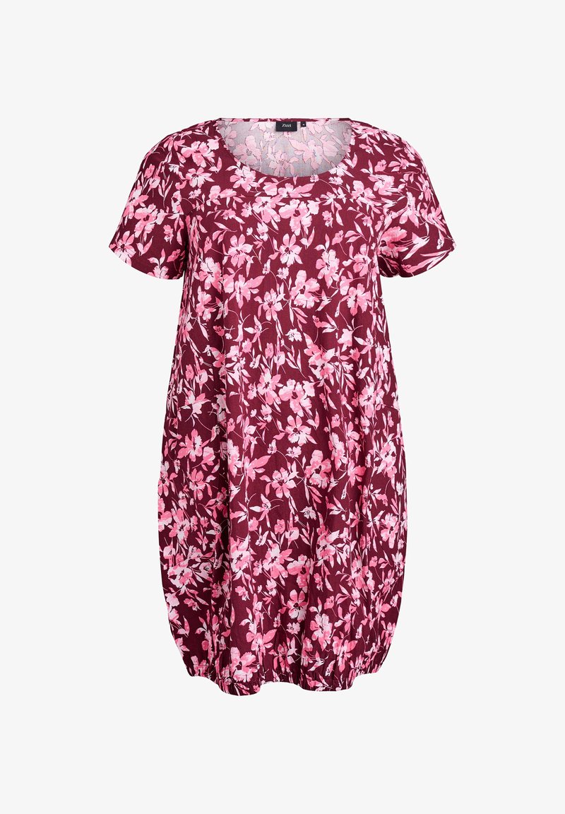 Haljina kratkih rukava, boje burgundac, s cvjetnim uzorkom u ružičastoj i bijeloj boji. Ima izrez u obliku žlice i elastični donji rub za opušteni fit.