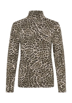 Bluza cu guler înalt cu imprimeu leopard, realizată dintr-un material moale, cu mâneci lungi, în tonuri neutre bej și negru, având un model variat de pete pe întreaga suprafață.