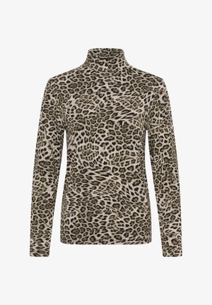 Coltrui met panterprint, gemaakt van zachte stof, voorzien van lange mouwen, in neutrale beige en zwarte tinten, met uiteenlopende vlekpatronen over het hele kledingstuk.