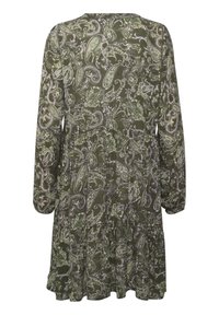Robe verte à manches longues avec taille froncée et motif floral paisley vert clair et blanc sur l'ensemble, vue de dos.