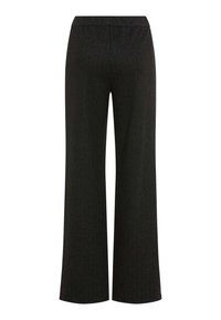 Zwarte wijde broek met een visgraatpatroon, voorzien van een elastische tailleband en een gladde textuur. Geen zakken of zichtbare hardware.
