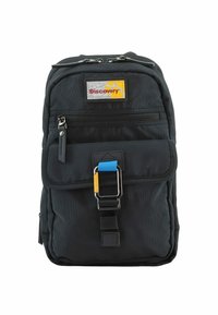 Zaino in tessuto nero con superficie testurizzata, chiusura della tasca frontale, accenti hardware blu e gialli e un logo "Discovery" ben visibile.