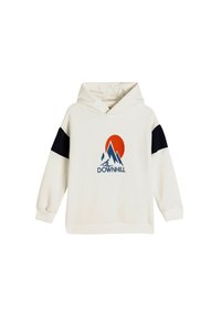 Felpa con cappuccio color crema e maniche blu navy. Presenta una grafica di montagna e un sole arancione con la scritta "DOWNHILL" in blu. Tessuto morbido e texture.