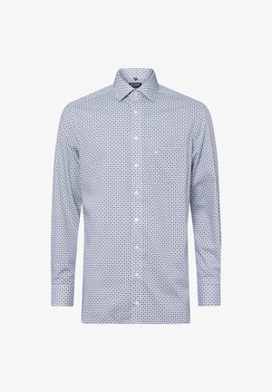 Blau-weißes Langarmhemd mit geometrischem Muster, Button-Down-Kragen und Brusttasche; aus leichtem Baumwollstoff gefertigt.