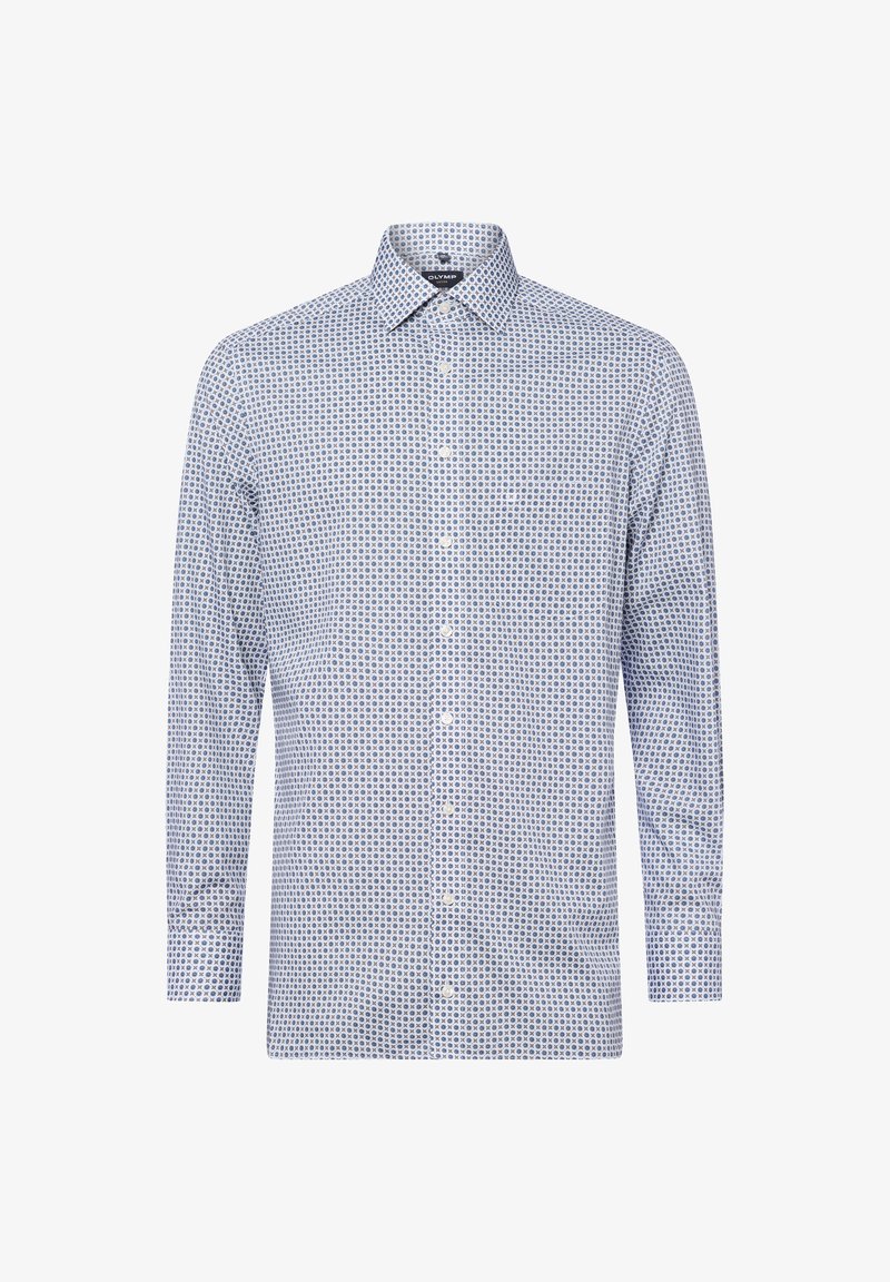 Blau-weißes Langarmhemd mit geometrischem Muster, Button-Down-Kragen und Brusttasche; aus leichtem Baumwollstoff gefertigt.
