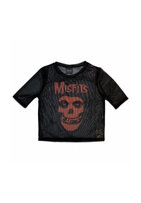 Black mesh short-sleeve shirt featuring a red skull graphic and "MISFITS" text. The design has a loose fit and visible horizontal lines.