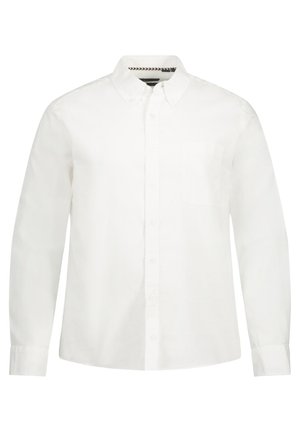 Camisa blanca de manga larga con botones, hecha de una tela ligera, que presenta un único bolsillo en el pecho y un diseño de cuello clásico.