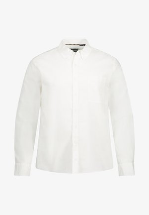 Valkoinen pitkähihainen napillinen paita kevyttä kangasta, jossa on yksi rintatasku ja klassinen kaulustyyli.