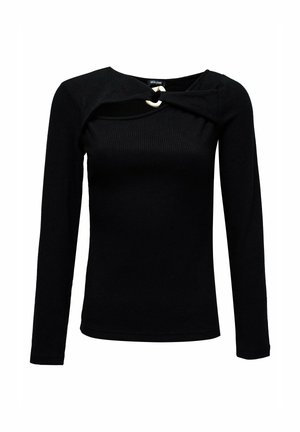 Top negro de manga larga con canalé y un escote con corte único, acentuado por un detalle de hebilla circular blanca.