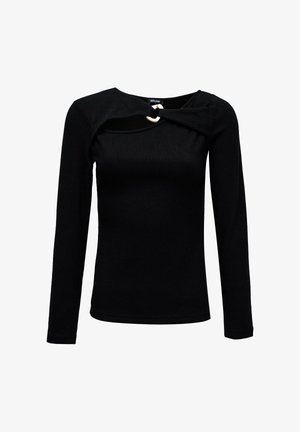 Top negro de manga larga con canalé y un escote con corte único, acentuado por un detalle de hebilla circular blanca.