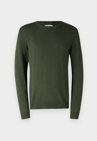 Maglione verde scuro con scollatura rotonda, maniche lunghe e polsini e orlo a costine. Realizzato in un morbido materiale a maglia testurizzato.