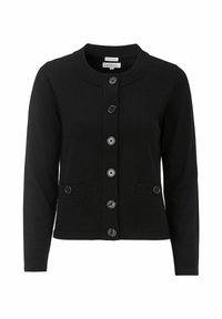 Musta neuletakki pyöreällä pääntiellä, pitkillä hihoilla ja edessä napit. Varustettu applikoiduilla taskuilla, joissa on samaa materiaalia olevat napit, valmistettu pehmeästä materiaalista.