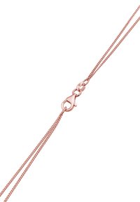 Rose gold halskæde med dobbelt kæde-design, der har en lukkemekanisme med lobster clasp og en glat finish, som fremhæver de fine detaljer i metalarbejdet.