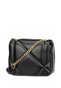 Borsa a tracolla nera in pelle con motivo a rombi, caratterizzata da una tracolla in catena dorata e finitura lucida. Forma rettangolare con una consistenza morbida.