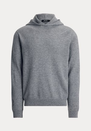 Hall pikkade varrukatega kapuutsiga kampsun, mis on valmistatud pehmest kootud kangast, koos soonikkoes varruka- ja allääristega, esitatud ühtsel taustal.