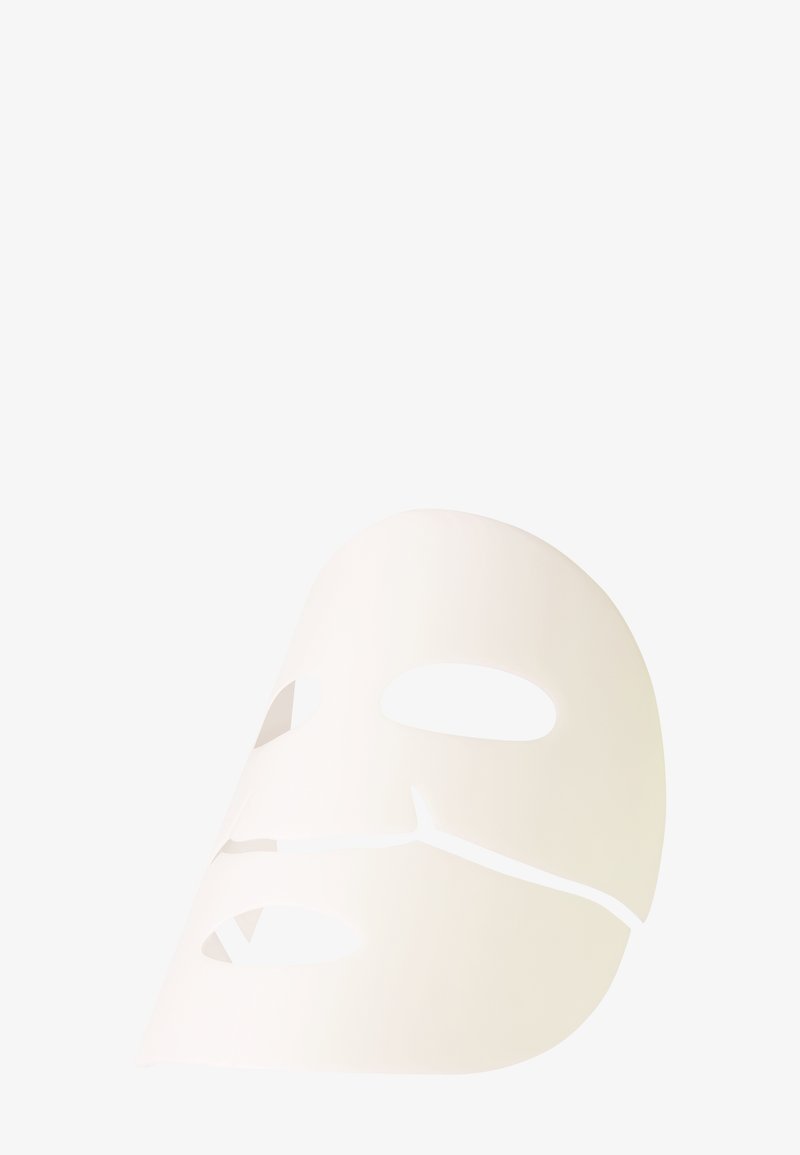 Maschera facciale bianca con sezioni per occhi e bocca ritagliate, caratterizzata da una finitura liscia e lucida e bordi leggermente curvati per una migliore aderenza.