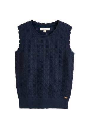 Navy blue knitted sleeveless sweater vest with textured pattern and ribbed collar, armholes, and hem, labeled size small.