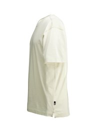 Tricou din bumbac crem cu mânecă scurtă, guler rotund, tiv lateral cu slit și detalii de cusătură subtile pe umeri. Design minimalist.
