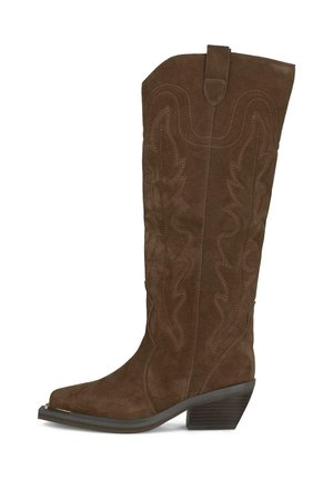 Botas de vaquero de ante marrón con punta afilada, caña alta y patrones decorativos de hojas bordadas, con un tacón cuadrado de altura media.