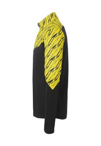 Sort langærmet top med et gult stribet mønster på den øverste del og kraven. Fremstillet af et blødt, struktureret stof.