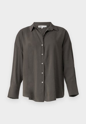 Mørkegrå langærmet knap-op skjorte med krave, der har en afslappet pasform, frontknapper og en glat, let stofstruktur.