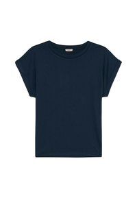 Top corto maniche corte di colore blu navy con scollo a girocollo, texture liscia e vestibilità rilassata. Nessun motivo visibile o dettagli in metallo.