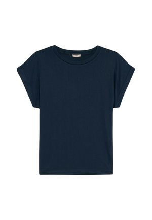 Top corto maniche corte di colore blu navy con scollo a girocollo, texture liscia e vestibilità rilassata. Nessun motivo visibile o dettagli in metallo.
