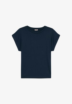 Dunkelblaues, kurzärmliges Oberteil mit Rundhalsausschnitt, glatter Textur und lockerer Passform. Keine sichtbaren Muster oder Hardware-Details.