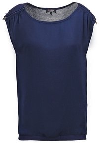 Top senza maniche blu navy con scollatura rotonda, dettagli a cucitura arricciata sulle spalle e sottili elementi zip sulle spalle. Tessuto con texture liscia.