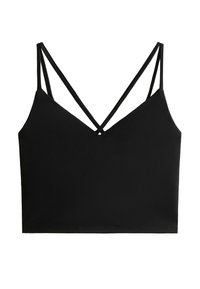 Black cropped tank top with a V-neck and crisscross strap design. Made from a smooth, stretchy material with a clean hem.
