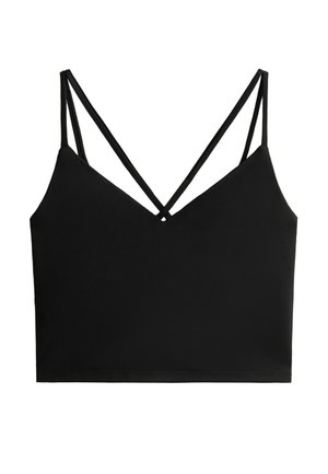 Débardeur noir cropped avec un col en V et un design de bretelles croisées. Fabriqué à partir d'un matériau lisse et extensible avec un ourlet propre.