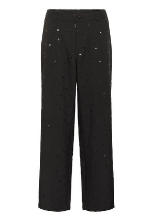Fekete, bő szabású nadrág, sima textúrával, szétszórt pálcikás csillagmintákkal díszítve és elöl gombos záródással.