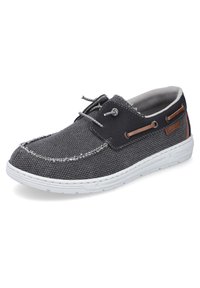 Scarpe da barca in tessuto grigio con suola in gomma bianca, dotate di dettagli in pelle marrone a contrasto e cuciture grigie. Design con chiusura a lacci.