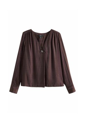 Dark brown blouse with a V-neck, front button closure, pleated shoulders, and long sleeves. Made from a smooth material with subtle texture.