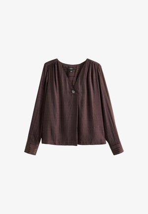 Dark brown blouse with a V-neck, front button closure, pleated shoulders, and long sleeves. Made from a smooth material with subtle texture.