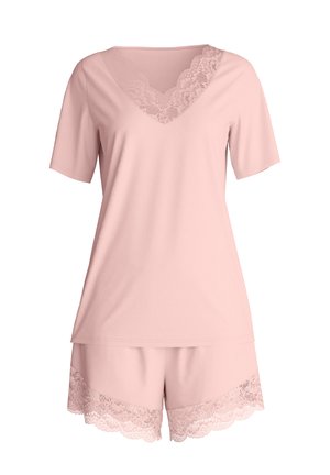 Soft pink short-sleeve pajama set with lace trim on V-neck top and hem of matching shorts.