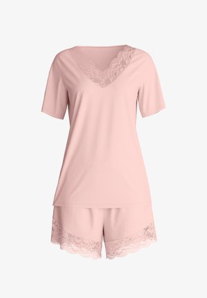 Soft pink short-sleeve pajama set with lace trim on V-neck top and hem of matching shorts.