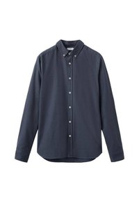 Camicia a maniche lunghe blu navy in cotone con colletto button-down, dotata di una fila di bottoni frontale e orlo curvo.