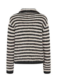 Maglione lavorato a maglia con scollatura a colletto, caratterizzato da strisce orizzontali alternate nere e crema e un tessuto morbido e strutturato.